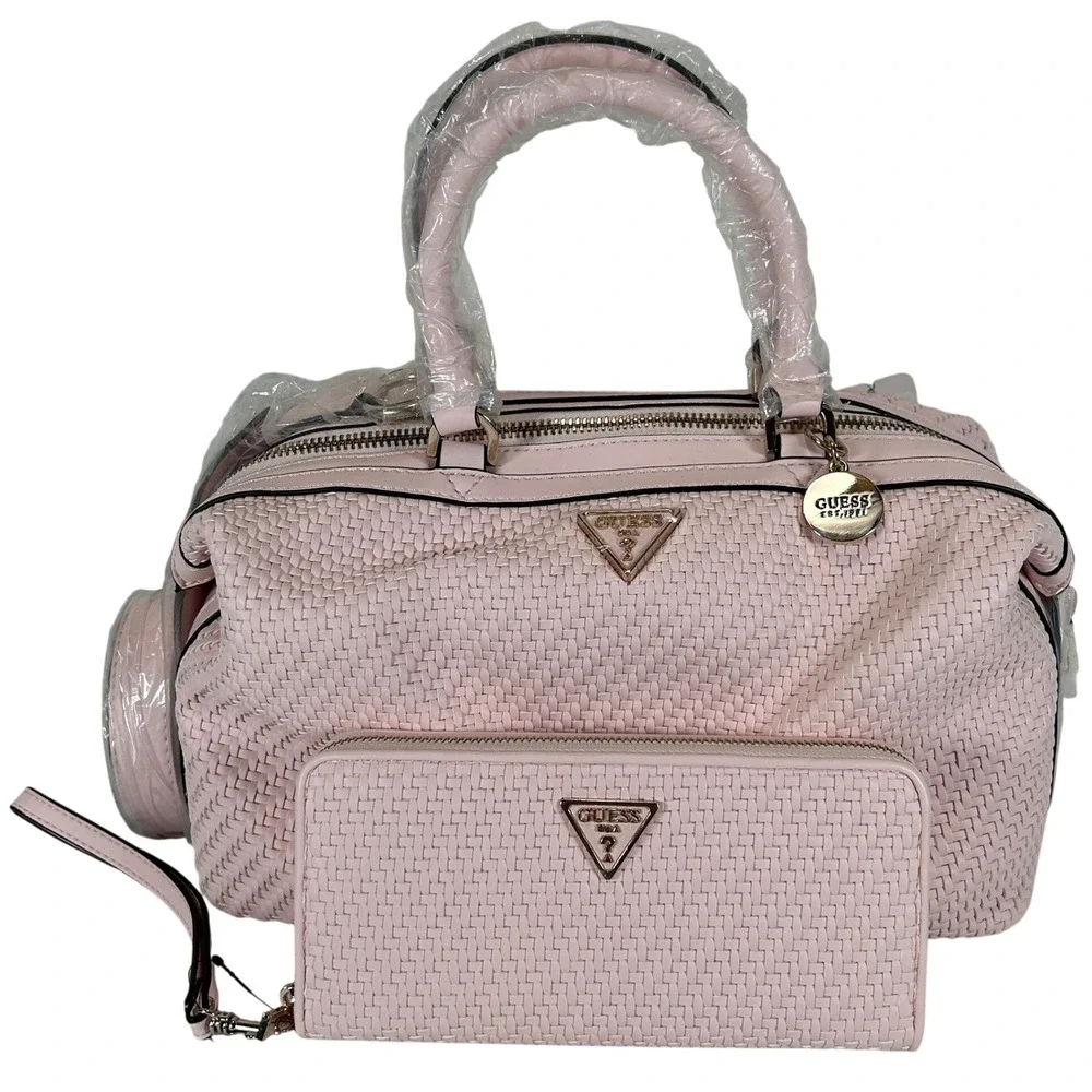 Guess Los Angeles Pink Woven Satchel Bag and Matching Wallet Set NEW